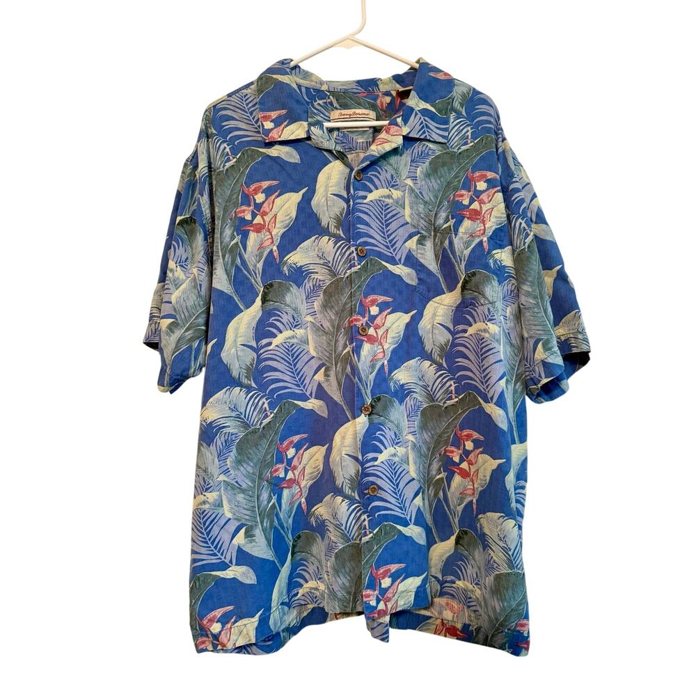 Tommy Bahama 100% Silk Blue Tropical Print Short Sleeve Shirt 3XL XXXL EUC